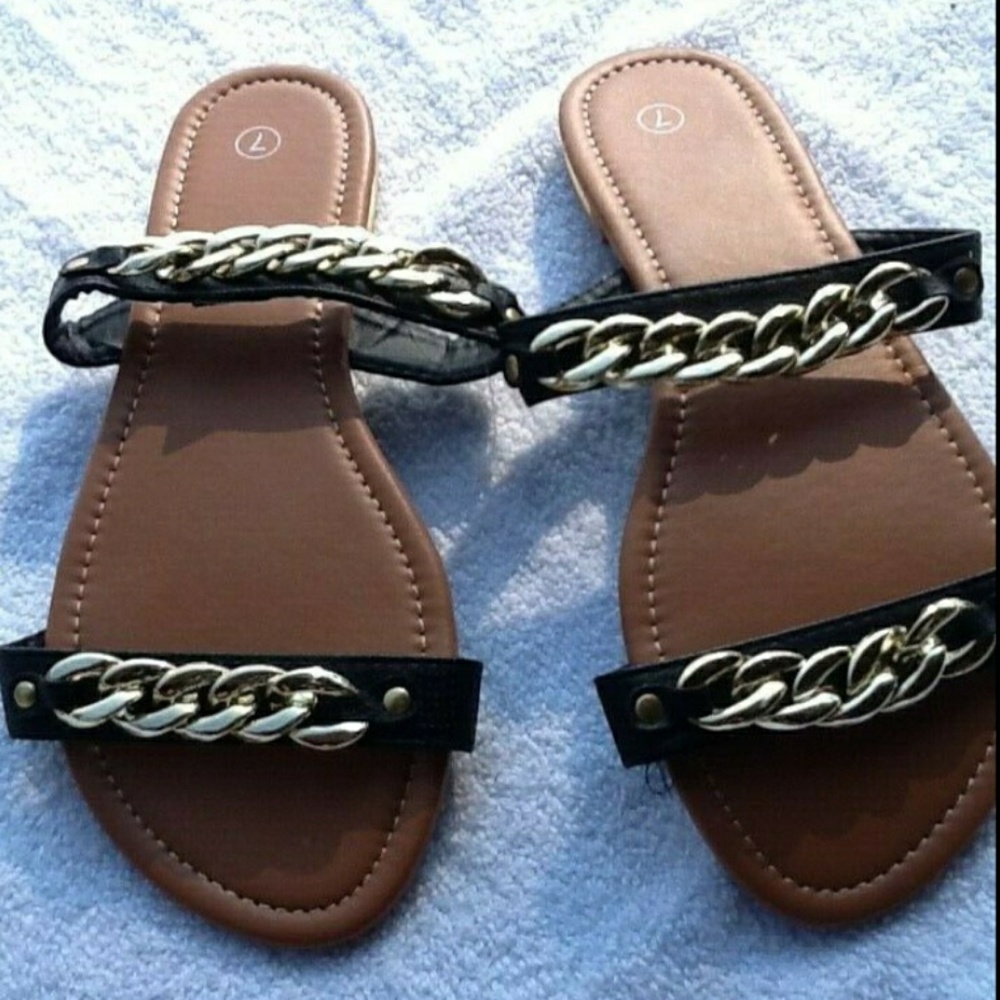 Gold chain detail double strap flat sandals